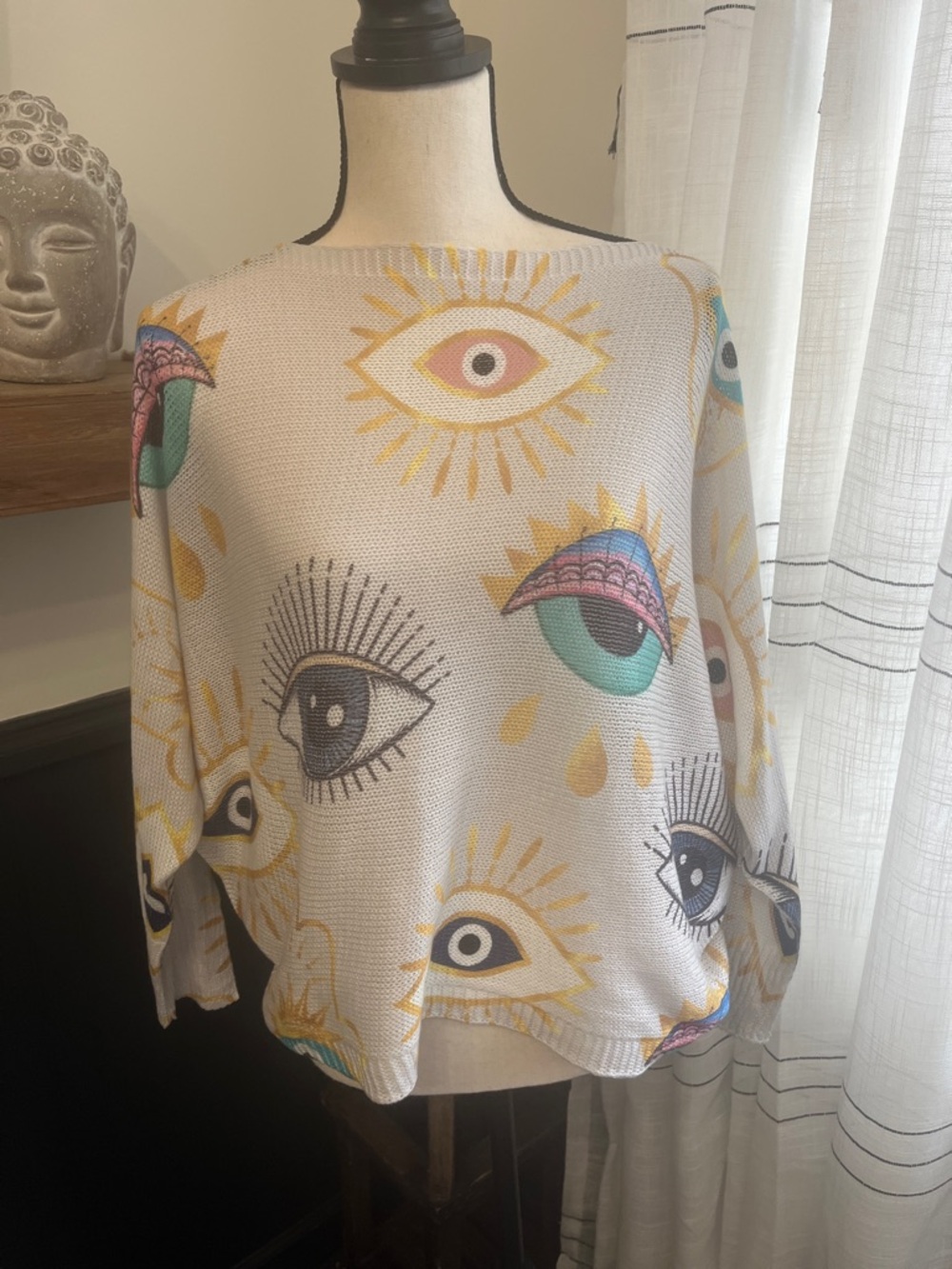 Eye Print Lightweight Sweater in Cream with Teal & Yellow Accents
